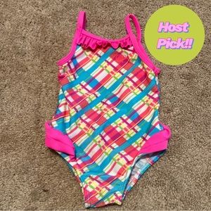 HP! OP Ocean Pacific Girls Plaid Pink Blue Yellow Bathing Suit Size 12 Months